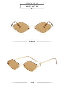 Détails de lunettes de soleil losange dorées avec verres brun clair en vue de face et profil