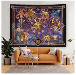Detail of living room wall decor featuring twelve constellations printed tapestry