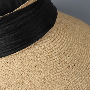 Close-up of the woven straw texture and black vinyl fabric band on sun visor hat