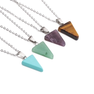 Semi-precious stone necklaces with triangular agate and tiger eye pendants in various colors