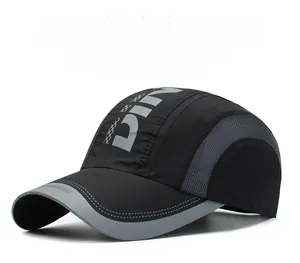 Detail of breathable mesh structure and sport lettering on black quick-dry cap