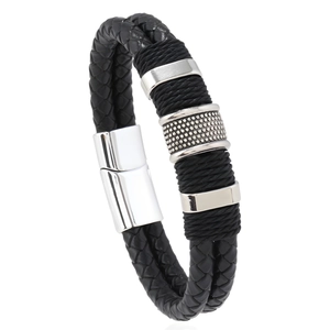 Men's double-layered black woven leather bracelet with silver magnetic clasp on white background