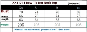 Detailed size chart for polka dot halter top with bow detail in sizes XS to L