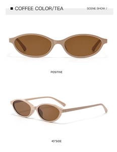 Detail view of oval cat-eye sunglasses in coffee tea color with positive and 45-degree side angles