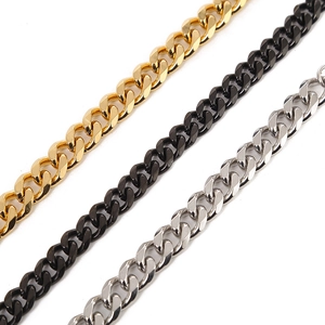 Three hip hop stainless steel cuban curb bracelets in gold, black, and silver finishes