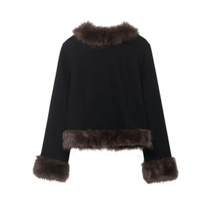 Women Cropped Jacket With Brown Faux Fur Trim V Neck Long Sleeve Elegant Winter Outwear Streetwear Coat