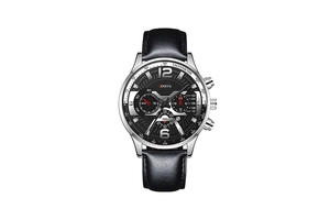 Close-up of Geneva men's watch featuring black leather strap and tachymeter silver case