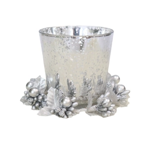 Silver berry wreath candle holder with frosted glass cup for Christmas home decor