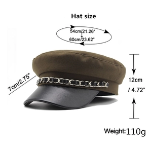 Brown wool newsboy cap with black leather brim and metal chain trim for unisex style