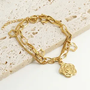 Camellia Flower Pendant Layered Bracelet 18K Gold Plated Stainless Steel Adjustable Chain Elegant Jewelry For Women