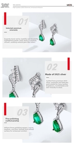 Detailed macro view of S925 sterling silver drop earrings with emerald and small diamonds