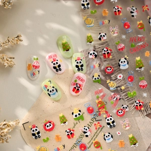 Christmas panda nail stickers featuring festive hats, trees, and gingerbread designs