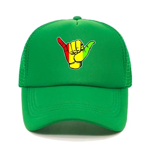 Green trucker hat with Shaka sign graphic and breathable mesh paneling design