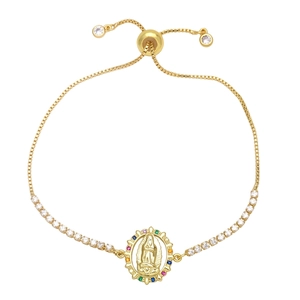 Bracciale dorato con Madonna, pietre di zircone colorate e catena a scatola regolabile