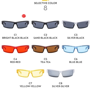 Detailed grid of Y2K wraparound sports sunglasses available in eight vibrant frame colors