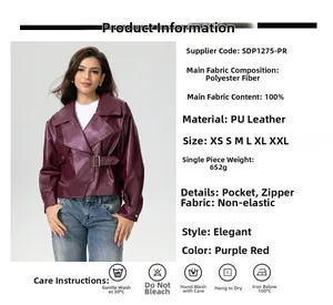 Fiche technique et vue détaillée du blouson en cuir PU bordeaux avec boucles métal