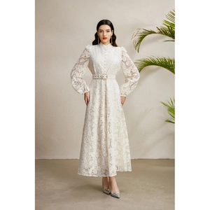 Elegant white lace dress with stand collar, puff sleeves and belted waist for early autumn