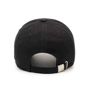 Rear view of black corduroy baseball cap featuring adjustable metal buckle strap