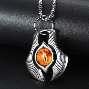 Punk style stainless steel necklace featuring a radiant orange demon eye pendant on a mesh chain