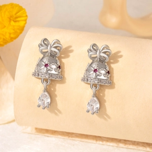 Silver bow bell earrings with red and clear zircon drops in premium titanium steel