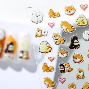 3D embossed cartoon nail stickers featuring shiba inu and chick patterns with hearts