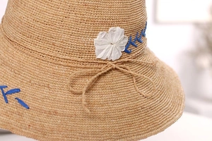 Close-up of raffia straw hat featuring white flower embroidery and blue linear details
