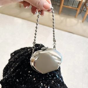Silver mirror finish geometric octagon mini chain bag with metallic strap for women