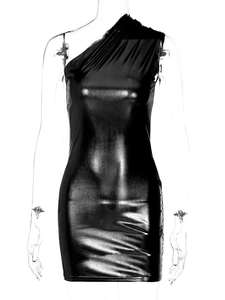 Front view of metallic black one-shoulder bodycon dress on a transparent mannequin