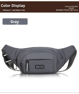 Detail of waterproof grey nylon fanny pack showing zip compartments and adjustable strap