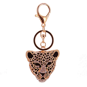 Creative rhinestone leopard head car keychain in gold metal finish for men and women
