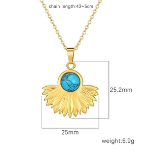 Elegant 18k gold fan-shaped necklace with turquoise heart pendant on white background