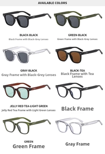 Detailed catalog of retro square sunglasses in eight colors with tinted or clear lenses