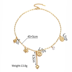 Detailed view of 18K gold plated necklace showing 45+5cm length and pearl shell charms
