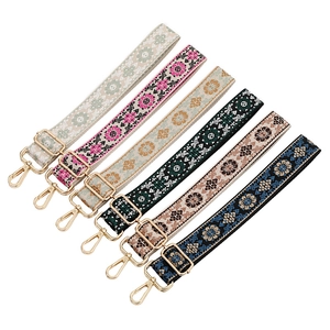Ethnic style adjustable fabric shoulder straps with floral patterns and gold metal clips