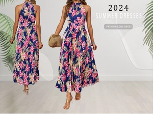 Front and back view of elegant halter neck floral summer dress with pleated skirt