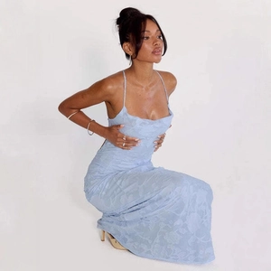 Robe Maxi À Bretelles Spaghetti Pour Femmes Jacquard Bleu Clair Dos Nu Sexy Moulante Soirée Vacances Élégante Robe Longue
