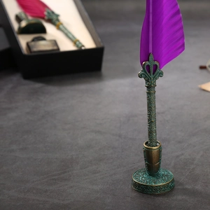 European vintage purple feather pen set with antique bronze embossed metal holder