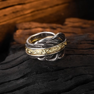 Three-layer detachable feather ring in silver and gold tones with S925 engraving