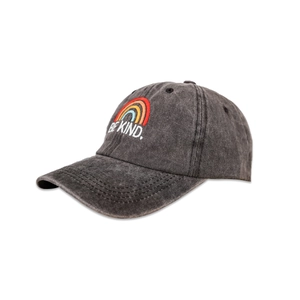 Detailed close-up of colorful BE KIND rainbow embroidery on a washed dark gray baseball cap