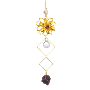 Natural amethyst flower suncatcher wind chime with crystal ball and gold metal plating