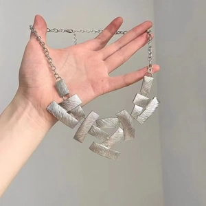 Statement silver textured square link pendant necklace with chunky industrial design