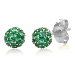 Macro detail of silver screw-back stud earrings with pavé green emerald cubic zirconia