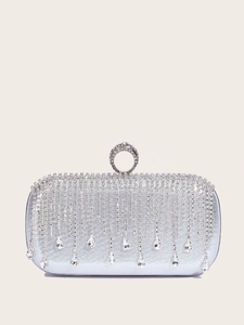Silver rhinestone evening clutch bag with fringe tassels and ring handle clasp