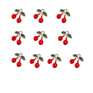 Set of 10 red cherry alloy pendants with green leaves and gold finish for DIY jewelry