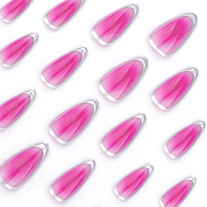 Almond rose pink gradient press-on nails with silver French metallic edge design