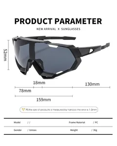 Detailed size chart for cycling sunglasses showing frame width and lens dimensions