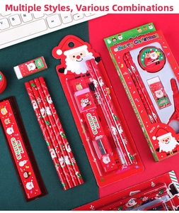 Detailed Christmas stationery set with pencils, eraser, ruler and scissors for kids