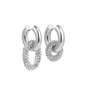 Silver 18K gold plated stainless steel double oval hoop earrings with CZ pavé accents