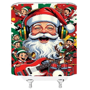 Christmas rock band shower curtain featuring Santa with headphones and musical elves