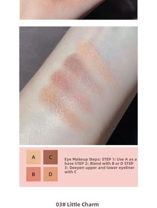Macro arm swatches of a four-color eyeshadow palette in matte and shimmer finishes
